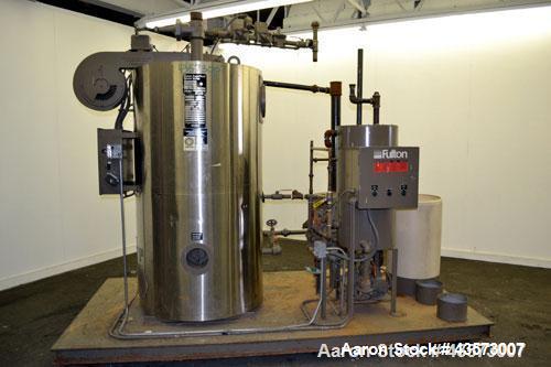Used Fulton Model ICS 20 Fuel Fired Vertical Tubeless Steam Boiler. Natural gas, approximate 20 hp. Rated 690 pounds of steam per hour, approximately 840,000 btu/hour input, rated 15 psi. Includes a ...
