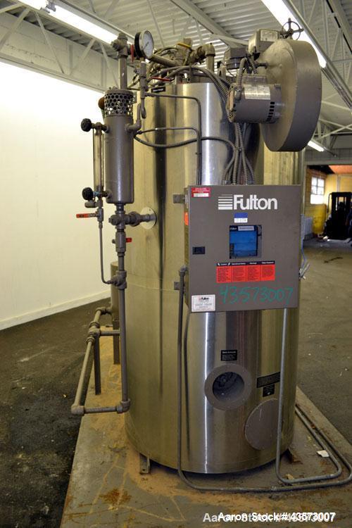 Used Fulton Model ICS 20 Fuel Fired Vertical Tubeless Steam Boiler. Natural gas, approximate 20 hp. Rated 690 pounds of steam per hour, approximately 840,000 btu/hour input, rated 15 psi. Includes a ...