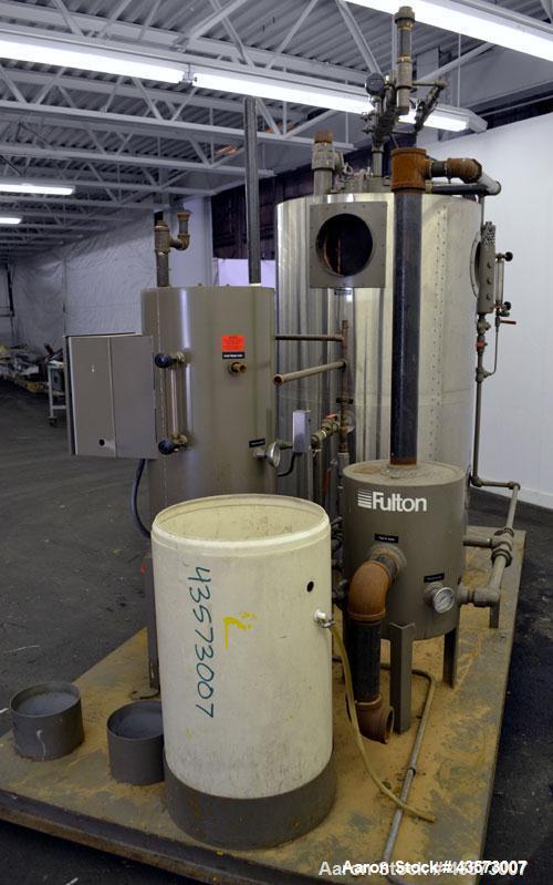 Used Fulton Model ICS 20 Fuel Fired Vertical Tubeless Steam Boiler. Natural gas, approximate 20 hp. Rated 690 pounds of steam per hour, approximately 840,000 btu/hour input, rated 15 psi. Includes a ...