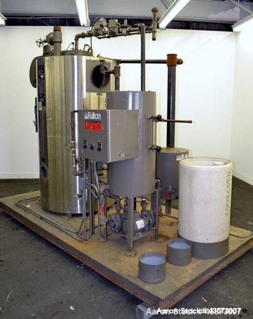 Used Fulton Model ICS 20 Fuel Fired Vertical Tubeless Steam Boiler. Natural gas, approximate 20 hp. Rated 690 pounds of steam per hour, approximately 840,000 btu/hour input, rated 15 psi. Includes a ...