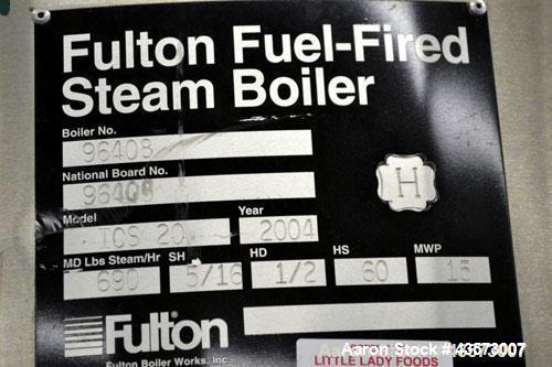 Used Fulton Model ICS 20 Fuel Fired Vertical Tubeless Steam Boiler. Natural gas, approximate 20 hp. Rated 690 pounds of steam per hour, approximately 840,000 btu/hour input, rated 15 psi. Includes a ...