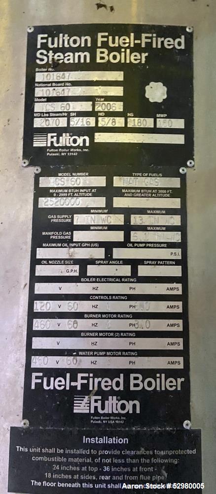 Used Fulton Fuel-Fired Steam Boiler, Model ICS60. Rated 2070 lbs/hour at 60hp. Natural gas.