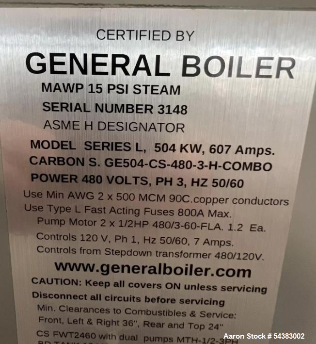 Used Electrically Heated Boiler, General Boiler, 15 psi.