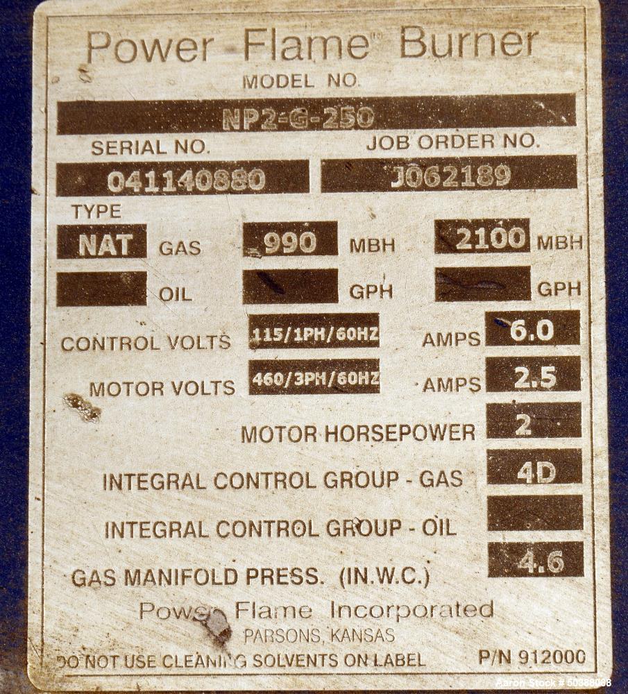 Used Hurst Boiler, 205 Square Feet Heating Surface. 1725 Steam Pounds per hour, maximum working pressure 300 psi. Serial# S205-300-1, National Board# 17206, built 2011. Includes a Power Flame Burner,...