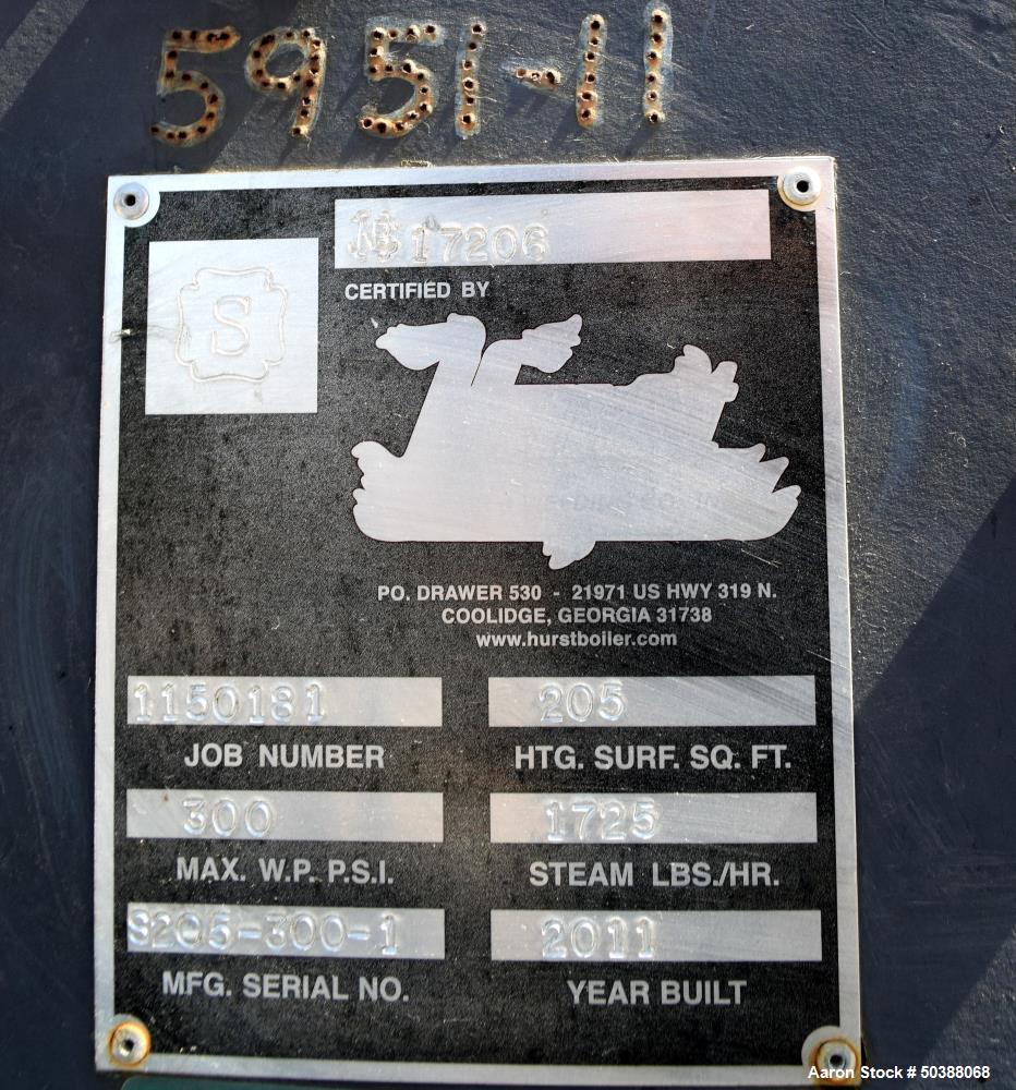 Used Hurst Boiler, 205 Square Feet Heating Surface. 1725 Steam Pounds per hour, maximum working pressure 300 psi. Serial# S205-300-1, National Board# 17206, built 2011. Includes a Power Flame Burner,...