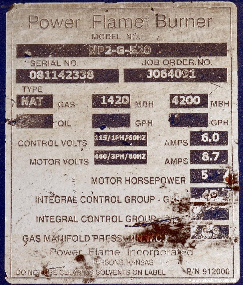 Used Hurst Boiler, 417 Square Feet Heating Surface. 4313 Steam Pounds per hour, maximum working pressure 300 psi. Serial# S417-300-1, National Board# 17575, built 2011. Includes a Power Flame Burner,...