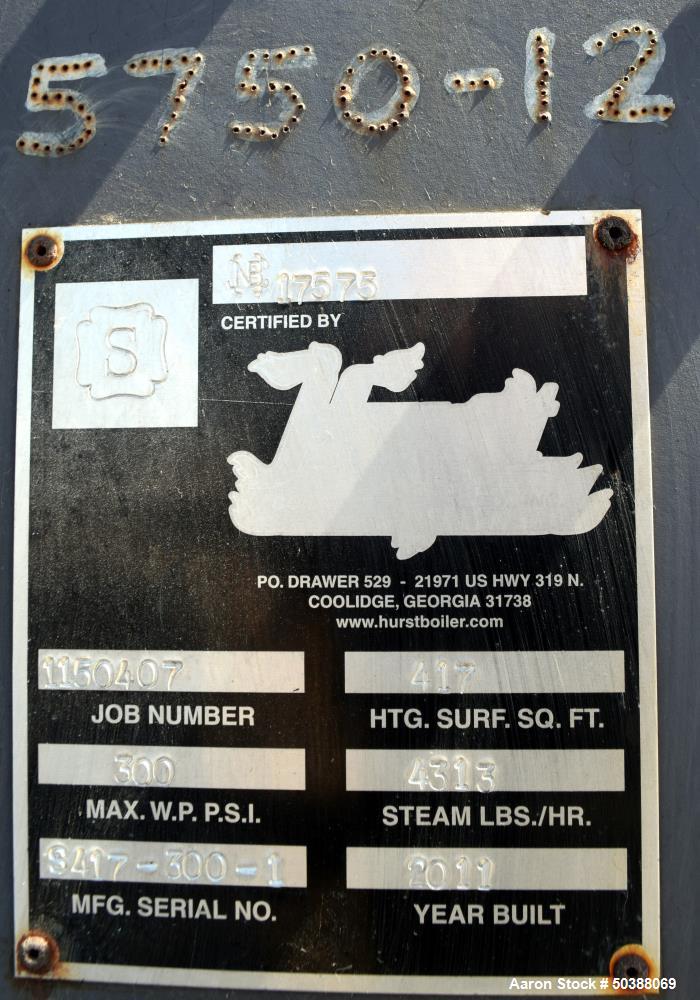 Used Hurst Boiler, 417 Square Feet Heating Surface. 4313 Steam Pounds per hour, maximum working pressure 300 psi. Serial# S417-300-1, National Board# 17575, built 2011. Includes a Power Flame Burner,...