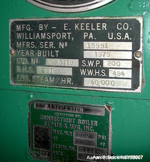 Used:  E Keeler water tube boiler, 40,000 pounds an hour at 200 psig design pressure. WWHS 494, BHS 2976. Built 1975.