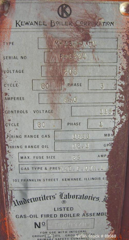 Used Kewanee Boiler, Model M-135-KGO. 1350 MBH, 40.3 hp, 15 lb steam, heating surface 180 square feet. Max 1688 MBH. XP rated. Mounted on a carbon steel base.