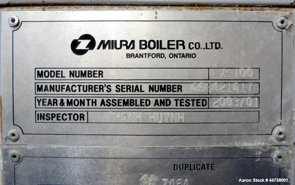Used Miura Natural Gas Fired Steam Boiler, Model LX-100, Serial# 46S421417. Utilization horsepower 100, heating surface 248 square feet, maximum pressure 170 psi, design temperature 400 degrees F., m...