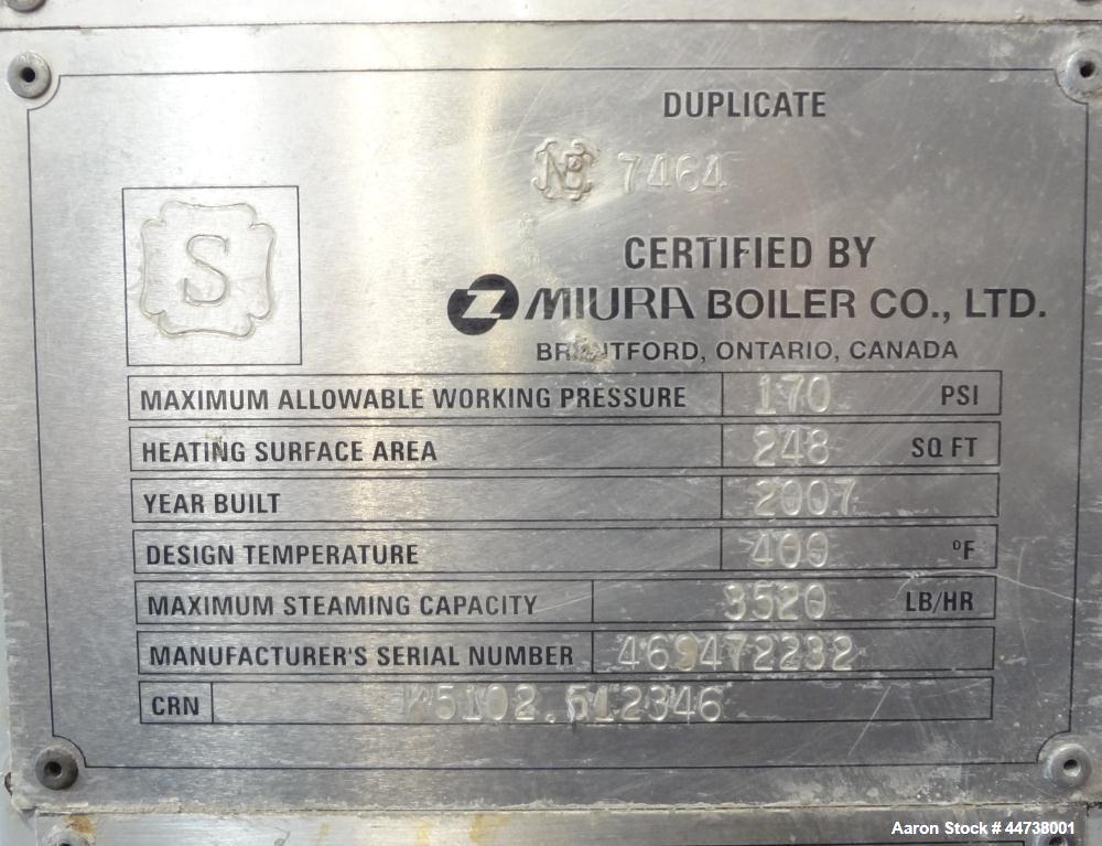 Used Miura Natural Gas Fired Steam Boiler, Model LX-100, Serial# 46S421417. Utilization horsepower 100, heating surface 248 square feet, maximum pressure 170 psi, design temperature 400 degrees F., m...
