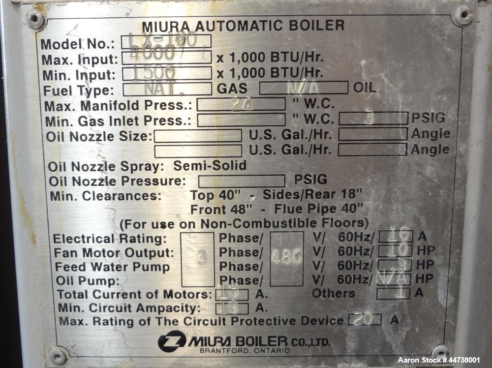 Used Miura Natural Gas Fired Steam Boiler Model LX 100 Serial 46S4 Used Miura Natural Gas Fired Steam Boiler Model LX 100 Serial 46S4