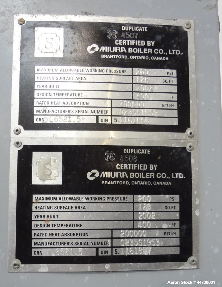 Used Miura Natural Gas Fired Steam Boiler, Model LX-100, Serial# 46S421417. Utilization horsepower 100, heating surface 248 square feet, maximum pressure 170 psi, design temperature 400 degrees F., m...