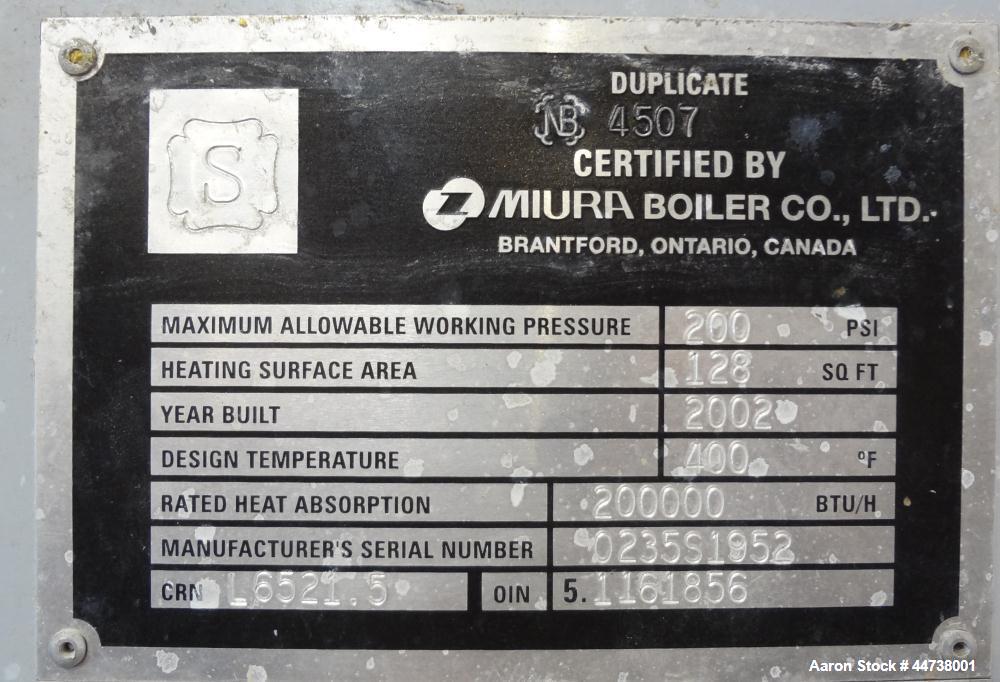 Used Miura Natural Gas Fired Steam Boiler, Model LX-100, Serial# 46S421417. Utilization horsepower 100, heating surface 248 square feet, maximum pressure 170 psi, design temperature 400 degrees F., m...