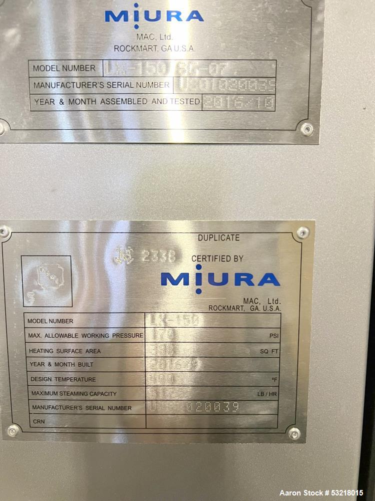 Used Miura LX Gas Fired Steam Boiler, Model LX-150 SG-07. 150HP. Maximum pressure 170 psi. Maximum steaming capacity 5,175 lb/hr. Heating surface area 388 square feet. Design temperature 400 degrees ...