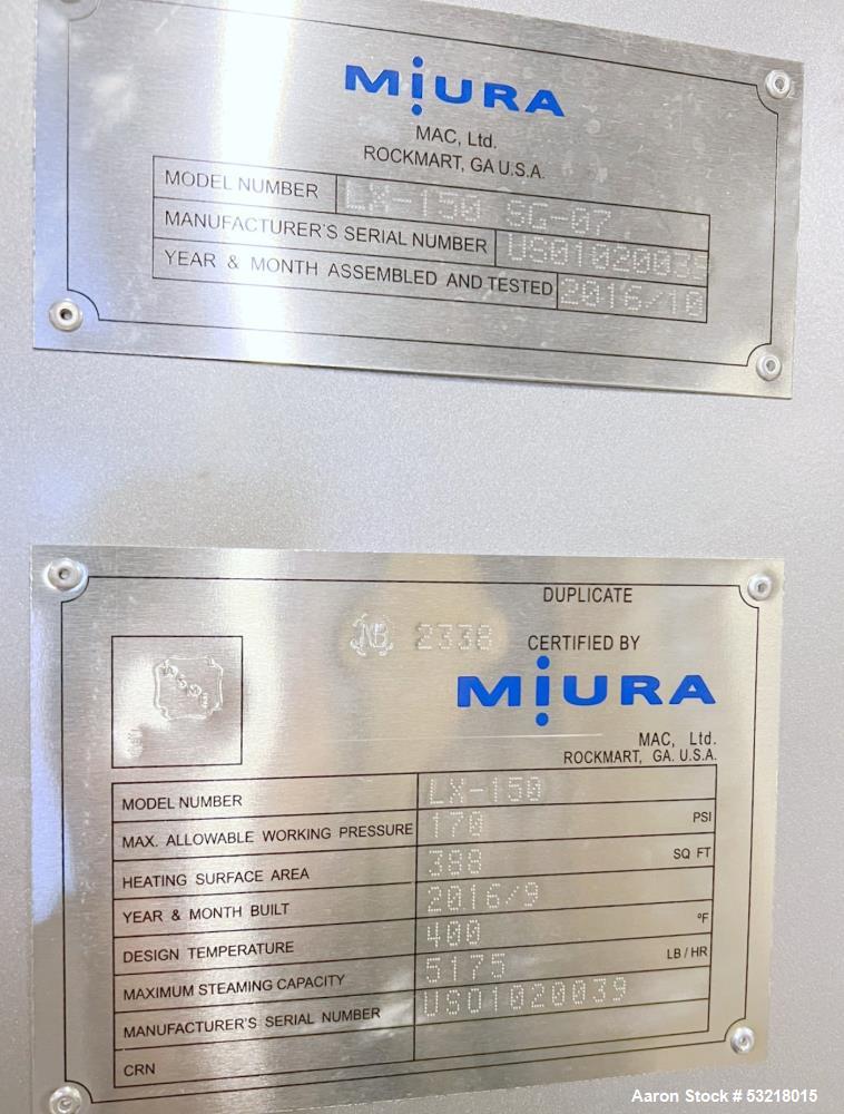 Used Miura LX Gas Fired Steam Boiler, Model LX-150 SG-07. 150HP. Maximum pressure 170 psi. Maximum steaming capacity 5,175 lb/hr. Heating surface area 388 square feet. Design temperature 400 degrees ...