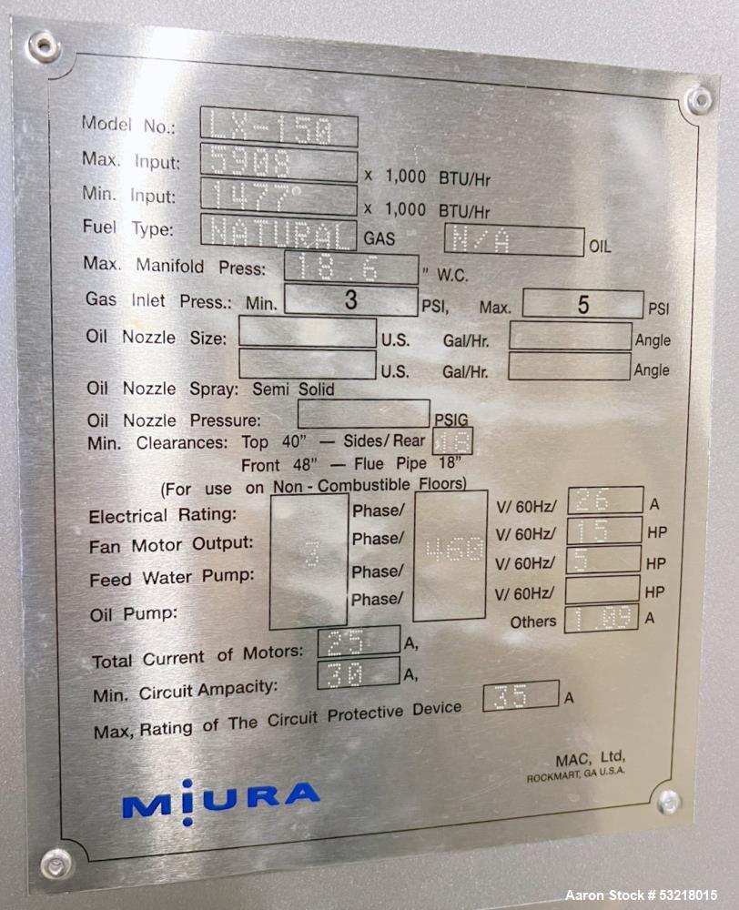 Used Miura LX Gas Fired Steam Boiler, Model LX-150 SG-07. 150HP. Maximum pressure 170 psi. Maximum steaming capacity 5,175 lb/hr. Heating surface area 388 square feet. Design temperature 400 degrees ...