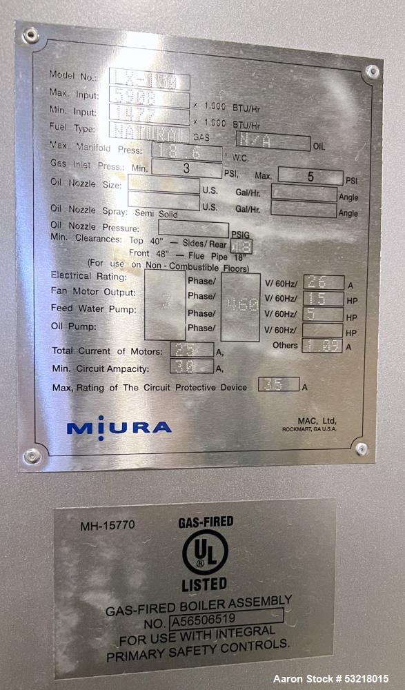 Used Miura LX Gas Fired Steam Boiler, Model LX-150 SG-07. 150HP. Maximum pressure 170 psi. Maximum steaming capacity 5,175 lb/hr. Heating surface area 388 square feet. Design temperature 400 degrees ...