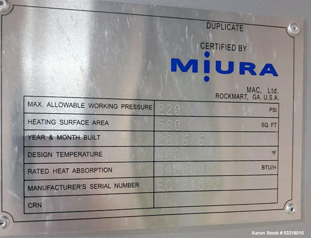 Used Miura LX Gas Fired Steam Boiler, Model LX-150 SG-07. 150HP. Maximum pressure 170 psi. Maximum steaming capacity 5,175 lb/hr. Heating surface area 388 square feet. Design temperature 400 degrees ...