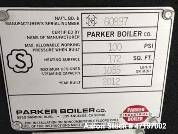 Used Parker Boiler, Model 104-30. 30hp at 125 PSI, natural gas fired, 1.26mm btu / hr. Includes boiler feed water softener and tank. Water softener tank and boiler feed water return system.