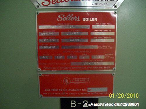 Used Sellers Immersion Fired Packaged Hot Water Boiler, model S-200-W 15SR. Horizontal, single pass firetube boiler designed to burn natural gas. 200 Boiler hp rating. Input 8.7M btu. Output 6.7M btu...