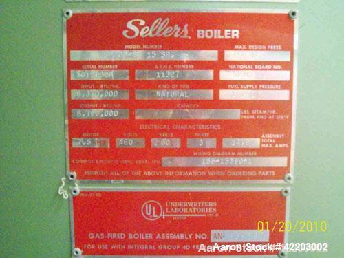 Used Sellers Immersion Fired Packaged Hot Water Boiler, model S-200-W 15SR.Horizontal, single pass firetube boiler designed to burn natural gas. 200 Boiler hp rating. Input 8.7M btu. Output 6.7M btu....