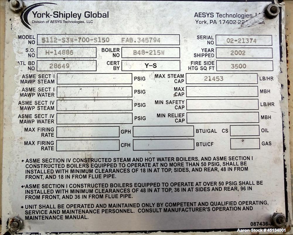 Used York & Shipley Global 700 HP Packaged Firetube Steam Boiler, Model 5112-53