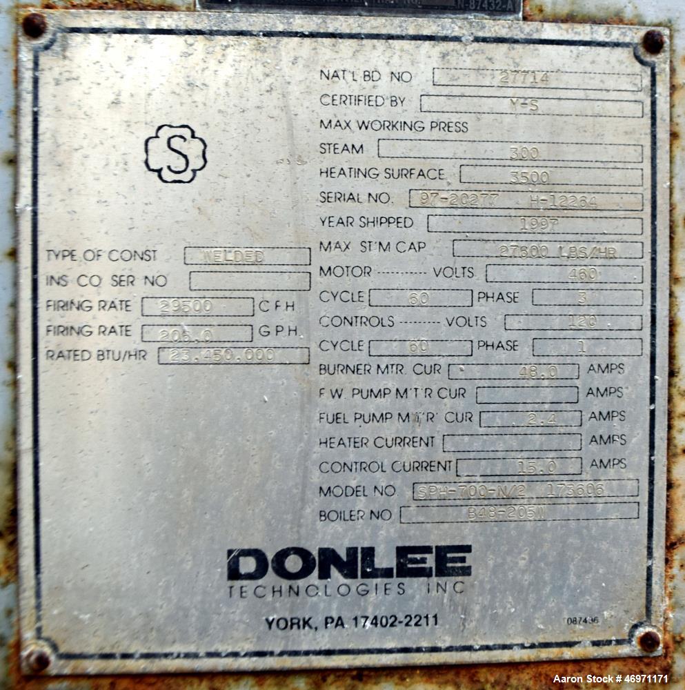 Used York Shipley Donlee Technologies 700HP Boiler, Model SPH-700-N/2. Maximum working pressure steam 300, heating surface 3500, maximum steam capacity 27,600 pounds an hour. National Board# 27714, s...