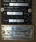 Used Fulton Fuel Fired Steam Boiler, Model FB-015-A. Boiler hp 15, 150 psi, rated 518 pound per hour, Includes control panel, and a boiler return system with pump. National Board# 78698, built 1997.
