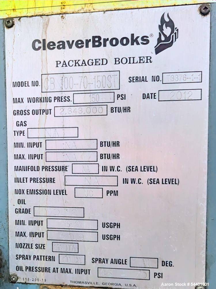Used Cleaver Brooks Steam Boiler, Model CB-100-70-150ST. Rated 2,343,000 BTU/hour. 150 PSI max. working pressure. 70 HP. 3/60/230V. Serial# T3376-1-1, Built 2012.