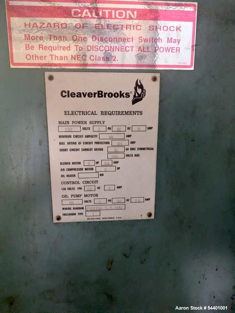Used Cleaver Brooks Steam Boiler, Model CB-100-70-150ST. Rated 2,343,000 BTU/hour. 150 PSI max. working pressure. 70 HP. 3/60/230V. Serial# T3376-1-1, Built 2012.