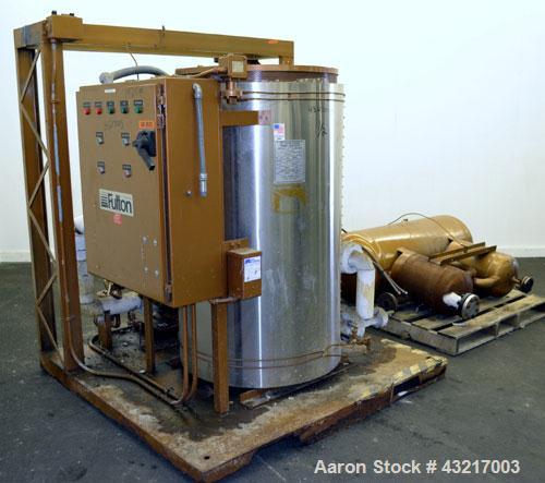 Used Fulton Electric Thermal Fluid Heater, Model FT-0150-N. 144000000 BTU/HR. 44 KW, 150 psi working pressure. 3 Phases, 460 volts. Skid mounted with deaerator tank, control panel, and pump. Includes...