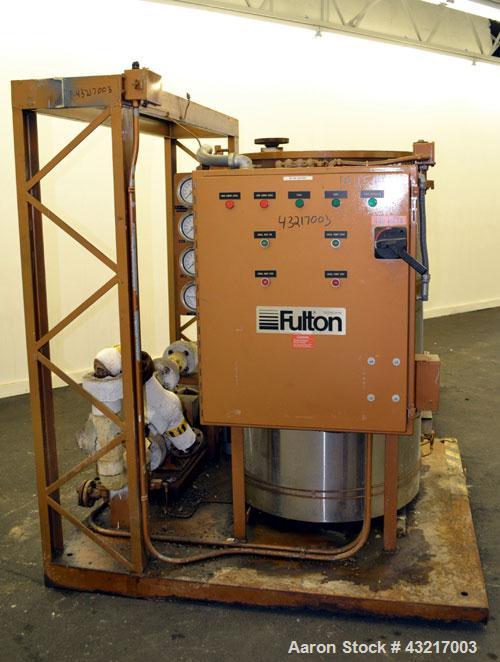 Used Fulton Electric Thermal Fluid Heater, Model FT-0150-N. 144000000 BTU/HR. 44 KW, 150 psi working pressure. 3 Phases, 460 volts. Skid mounted with deaerator tank, control panel, and pump. Includes...