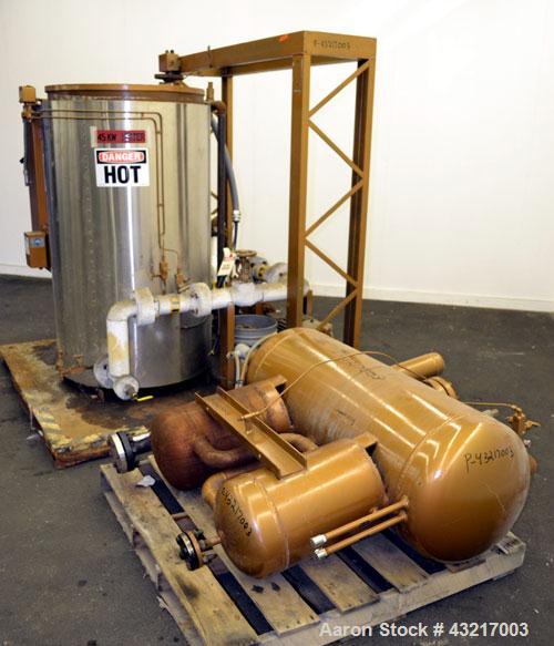 Used Fulton Electric Thermal Fluid Heater, Model FT-0150-N. 144000000 BTU/HR. 44 KW, 150 psi working pressure. 3 Phases, 460 volts. Skid mounted with deaerator tank, control panel, and pump. Includes...