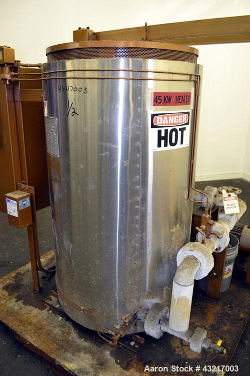 Used Fulton Electric Thermal Fluid Heater, Model FT-0150-N. 144000000 BTU/HR. 44 KW, 150 psi working pressure. 3 Phases, 460 volts. Skid mounted with deaerator tank, control panel, and pump. Includes...