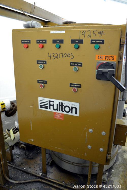 Used Fulton Electric Thermal Fluid Heater, Model FT-0150-N. 144000000 BTU/HR. 44 KW, 150 psi working pressure. 3 Phases, 460 volts. Skid mounted with deaerator tank, control panel, and pump. Includes...