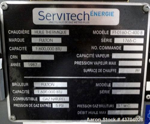 Used Fulton Thermopac Natural Gas Boiler, Model FT-0160-C-400B. Capacity 1,600,000 BTU, rated 572 degrees F at 60 psi. Built 1987, serial# TP-687-147
