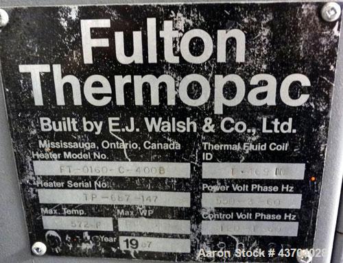 Used Fulton Thermopac Natural Gas Boiler, Model FT-0160-C-400B. Capacity 1,600,000 BTU, rated 572 degrees F at 60 psi. Built 1987, serial# TP-687-147