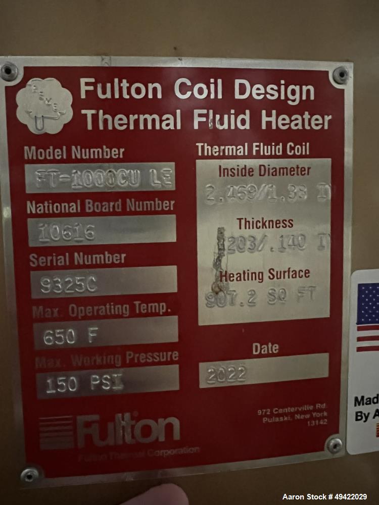 Unused - Fulton Model FT-1000CU LE Boiler. Single system flow rate of 800 GPM, hour meter burners, alarm horn, 1.5" 300 lbs, knuckle safety relief valve set, 450 deg F. firing rate mod inlet. Parathe...