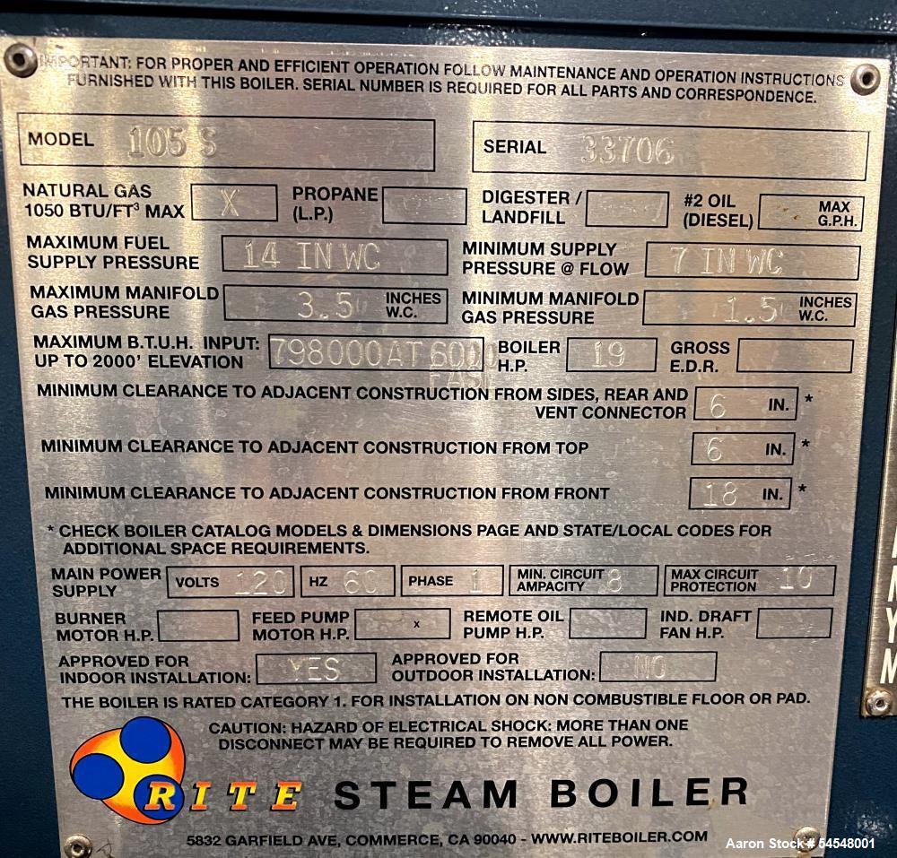 Used Rite Boiler Co. Model 105S Natural Gas-Fired Low Pressure Steam Boiler – 19 BHP – Built 2020