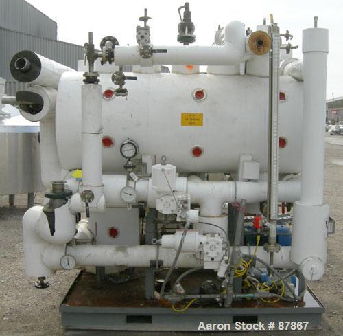 USED: Syltherm skid consisting of (1) ITT shell and tube heat exchanger, shell and tubes rated 150 psi at 375 deg F; (1) Goulds centrifugal pump, model 3296, 316 stainless steel, rated 135 gallons pe...