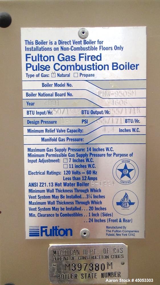 Used Fulton PulsePak Hydronic Boiler, Model PHW-950SM. Input 950/190K BTU per hour. Output 855/171k BTU per hour. Design Pressure: 160 psi working pressure. Water content 42 gallons. Set up for natur...
