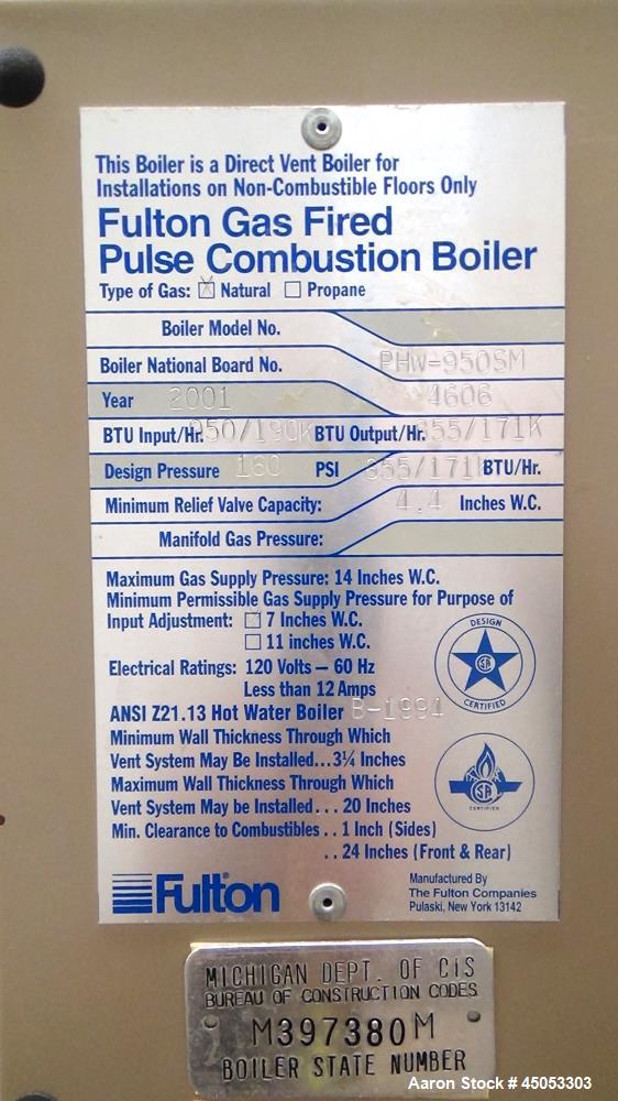 Used- Fulton PulsePak Hydronic Boiler, Model PHW-950SM. Input 950/190K BTU per hour. Output 855/171k BTU per hour. Design Pr...