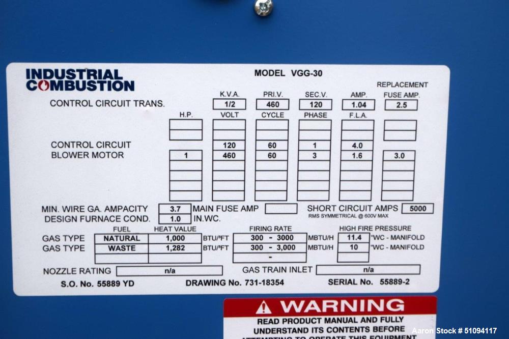 Used AHC American Heating Company Furnace. Internal chamber rated 825 psi at -20 to 850 degrees F. Serial# 1220, National Board# 292, built 2013. Includes an Industrial Combustion burner, model VGG-3...