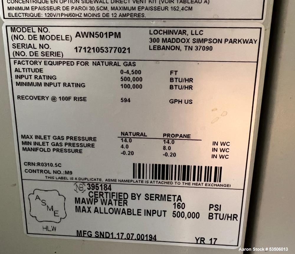 Used Lochinvar Hot Water System – AWN501PM Heater, 500,000 BTU/hr