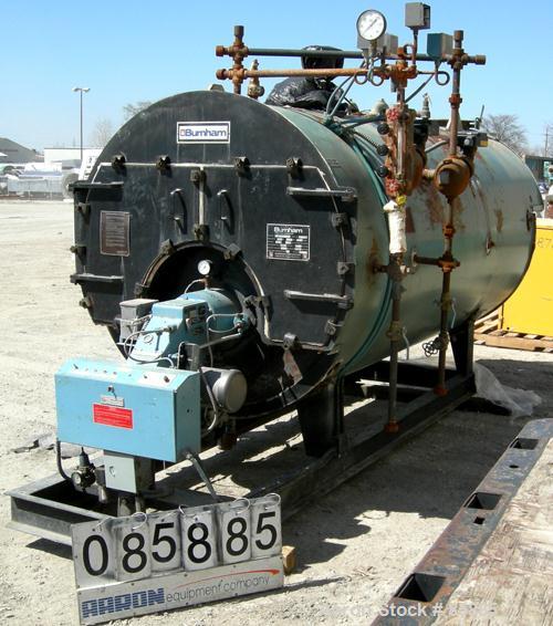 Used Burnham Corporation 3 Pass Steam Boiler, Model 3P-100-50-G-GP. Steam capacity rated 3450 LBS/HR. Max steam 150 PSI. 100 nominal boiler HP, heating surface 500 square feet. Natural gas fired with...