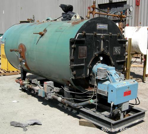 Used Burnham Corporation 3 Pass Steam Boiler, Model 3P-100-50-G-GP. Steam capacity rated 3450 LBS/HR. Max steam 150 PSI. 100 nominal boiler HP, heating surface 500 square feet. Natural gas fired with...