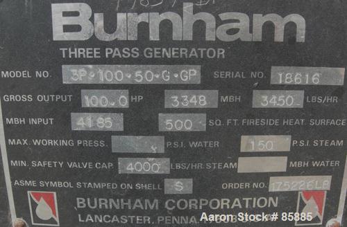 Used Burnham Corporation 3 Pass Steam Boiler, Model 3P-100-50-G-GP. Steam capacity rated 3450 LBS/HR. Max steam 150 PSI. 100 nominal boiler HP, heating surface 500 square feet. Natural gas fired with...