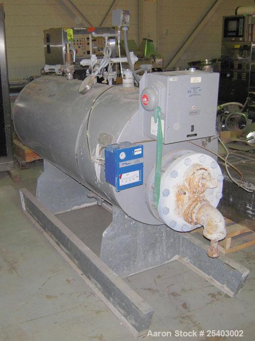 Used Cemline Horizontal Unfired Steam Generator, Model H120USG1048. Size 24 x 63. 120 gallon capacity. Rated 150 psi water and steam. Coil model 1048ASP. Base mounted.