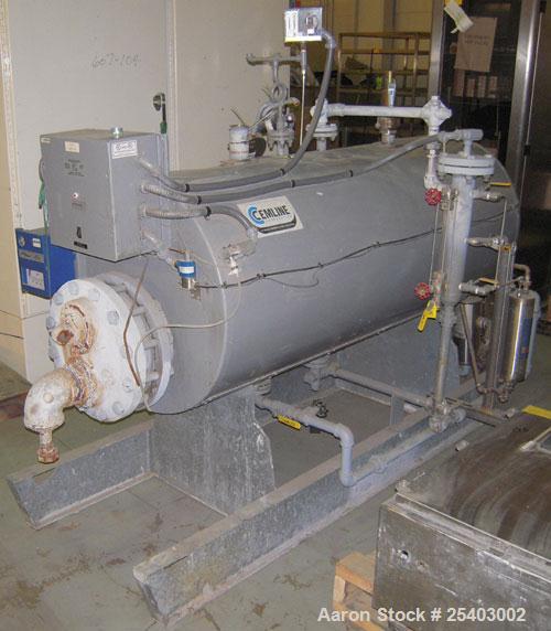 Used Cemline Horizontal Unfired Steam Generator, Model H120USG1048. Size 24 x 63. 120 gallon capacity. Rated 150 psi water and steam. Coil model 1048ASP. Base mounted.